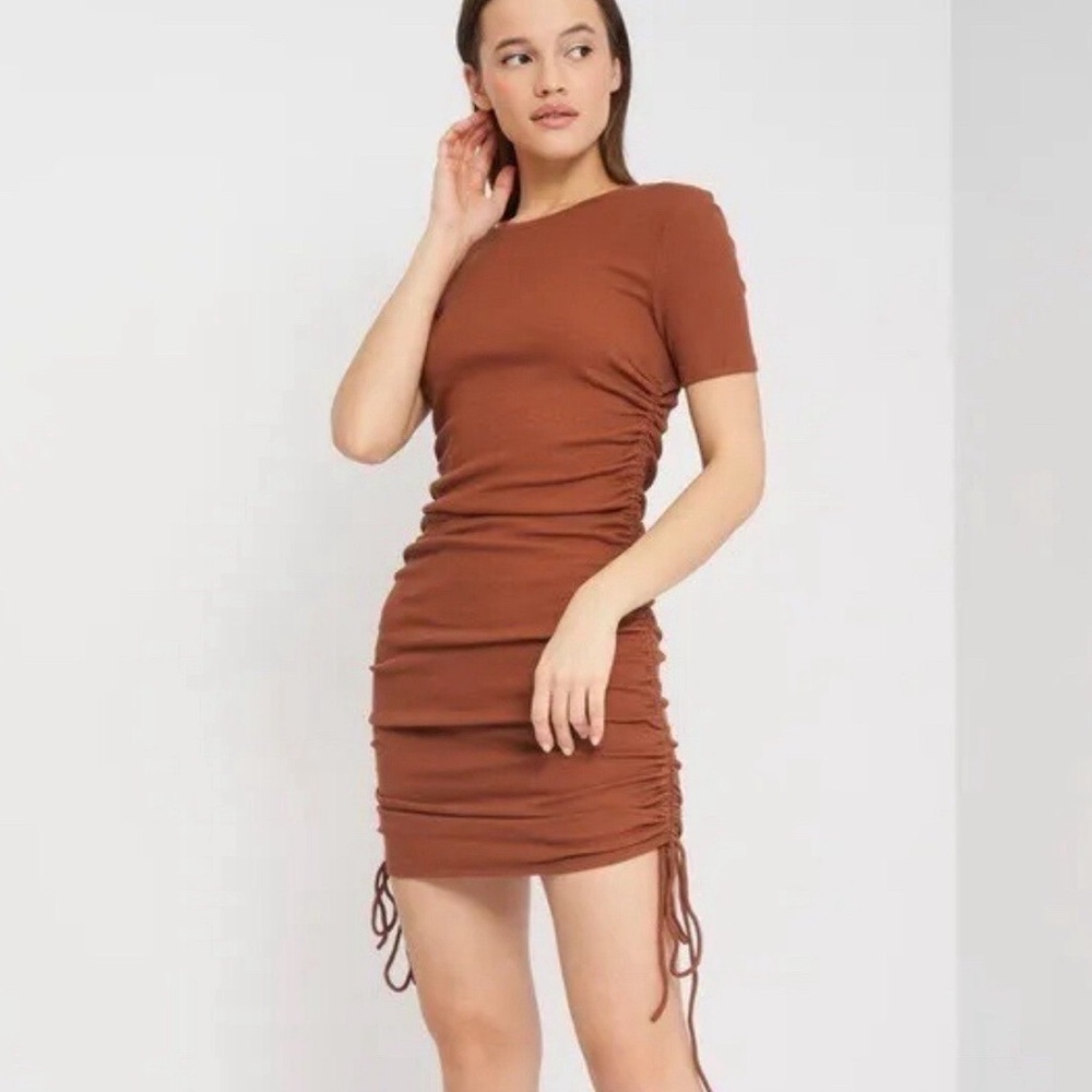 ZARA Ribbed Ruched Midi Dress NWT Small Rust Bodycon Adjustable